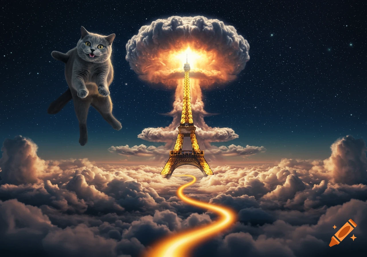 A surreal scene with a gray cat flying above the Eiffel Tower, enveloped in a mushroom cloud, against a starry night sky with a glowing path.