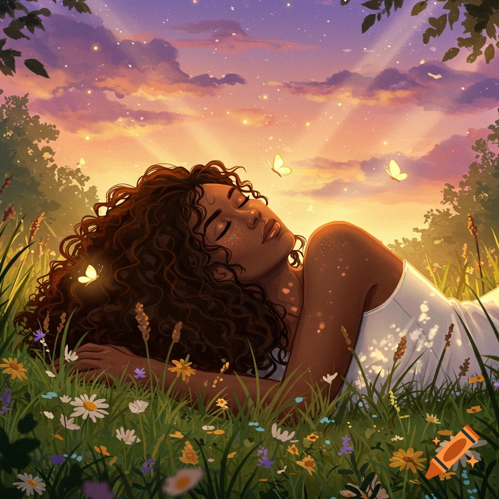Dreamy illustration of a Black woman sleeping in a vibrant wildflower meadow under a beautiful sunset sky with butterflies.