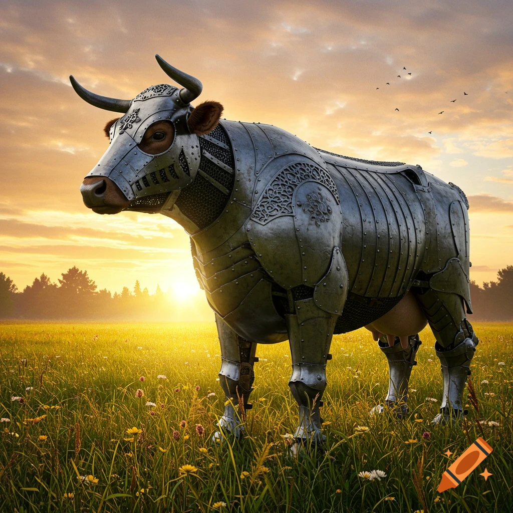 Photorealistic armored cow standing in a vibrant, flower-filled field at sunset.