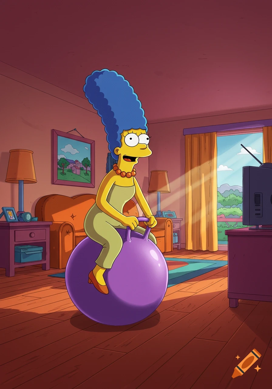 Marge Simpson bouncing on a purple hopper ball in her living room, in a bright cartoon style.