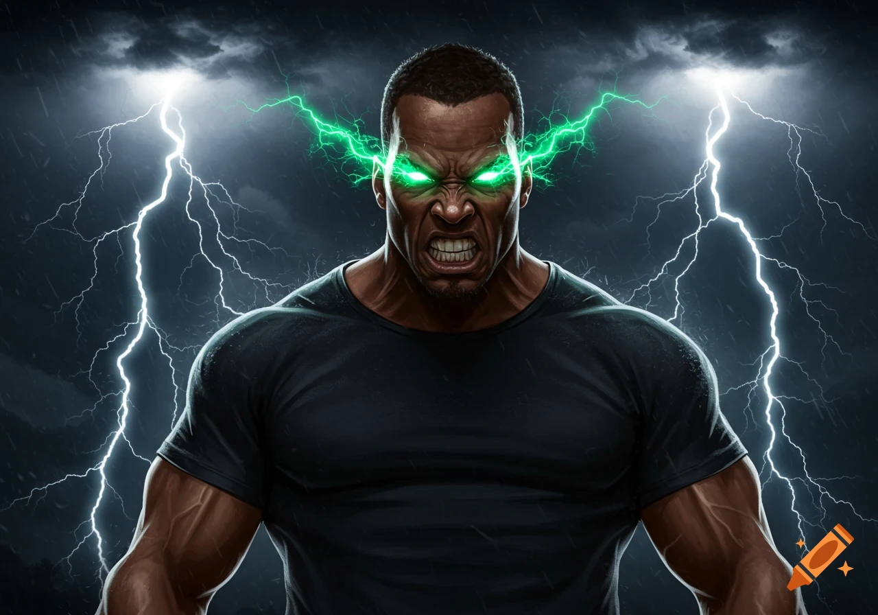 A muscular, angry man with glowing green eyes, surrounded by lightning in a comic art style.