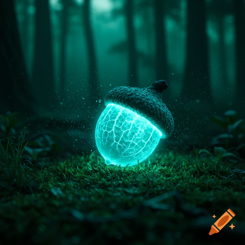 A luminous teal acorn glowing with internal cracks sits on a mossy forest floor, with dark blurred trees in the background.