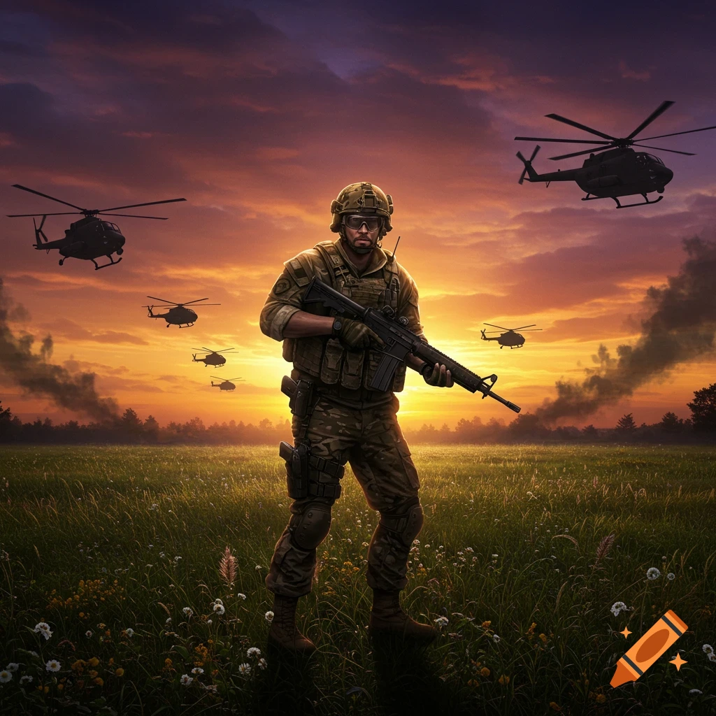 A soldier in camouflage uniform holds a rifle in a grassy field at sunset, with helicopters flying in the distance.