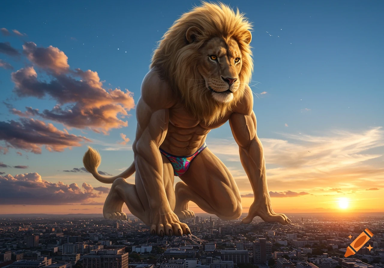 A gigantic, muscular, photorealistic anthropomorphic lion in a colorful speedo kneels over a vast city skyline at sunset.