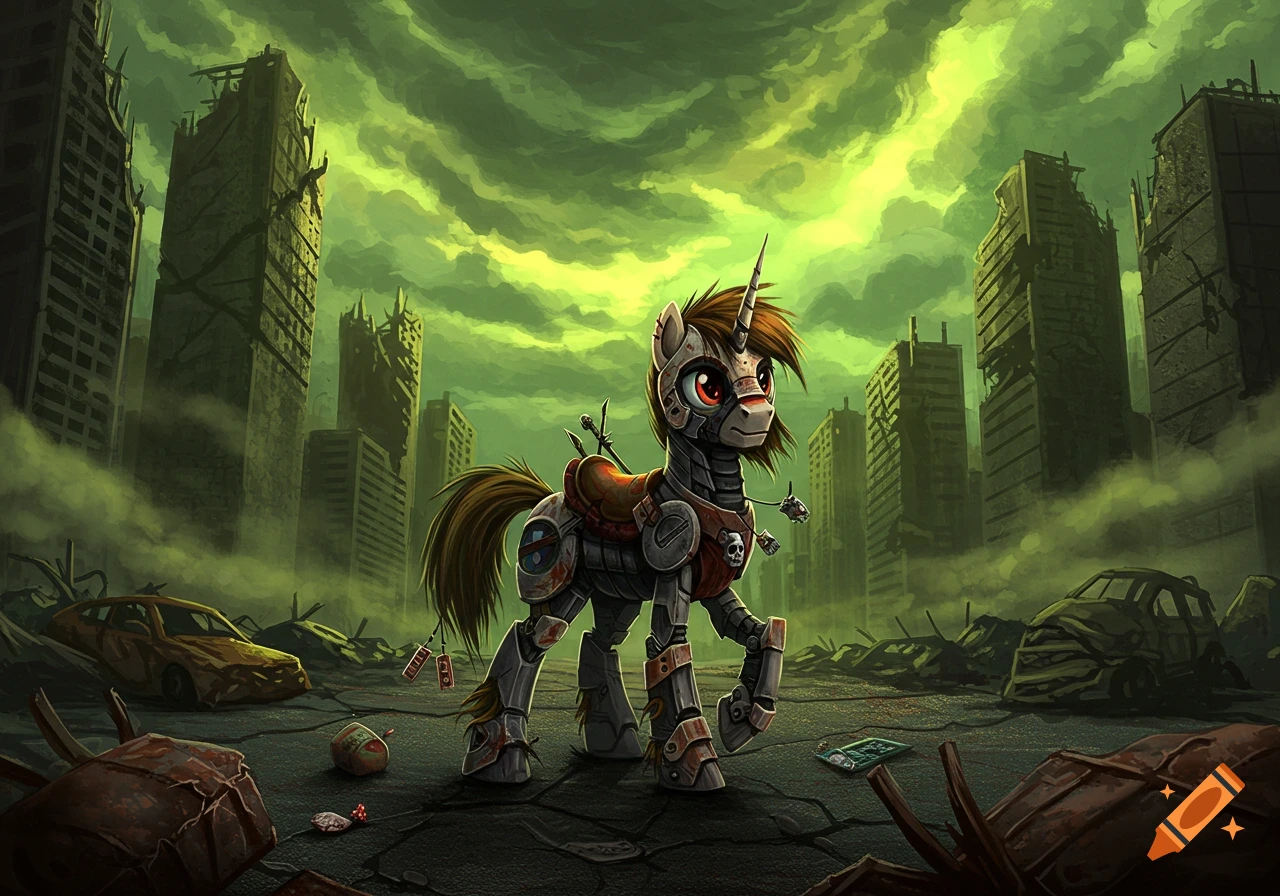 A robotic unicorn pony with a brown mane stands in a destroyed, green-lit city with crumbling skyscrapers and abandoned cars, in a post-apocalyptic style.
