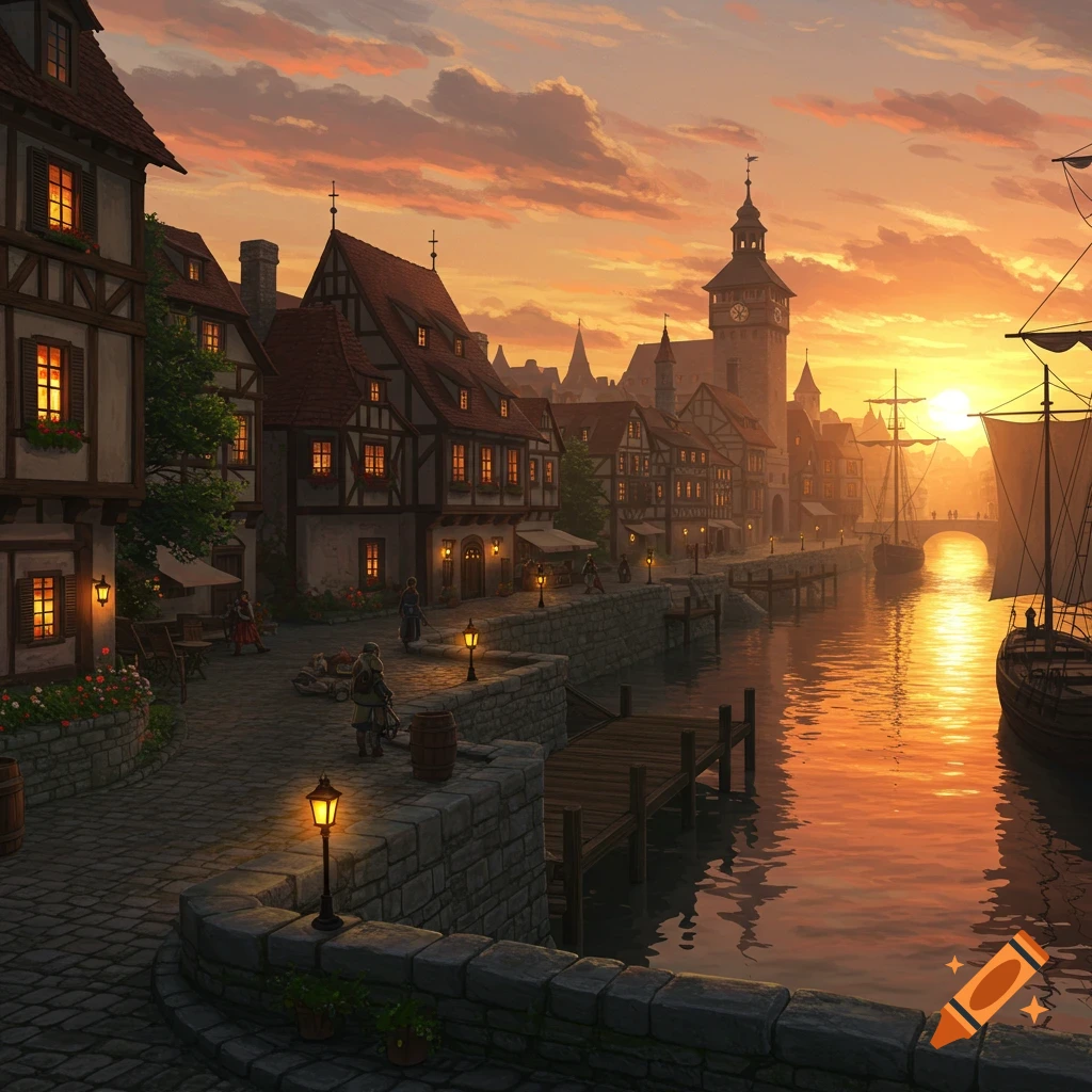 Vibrant sunset over a medieval river town with timber-framed buildings, cobblestone streets, and docked sailing ships.