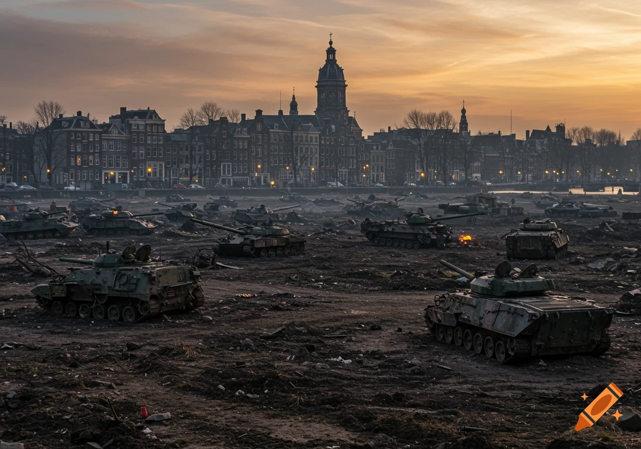 A field of abandoned military tanks in the foreground, with a historic European city skyline resembling Amsterdam visible in the background under an orange sunset sky.