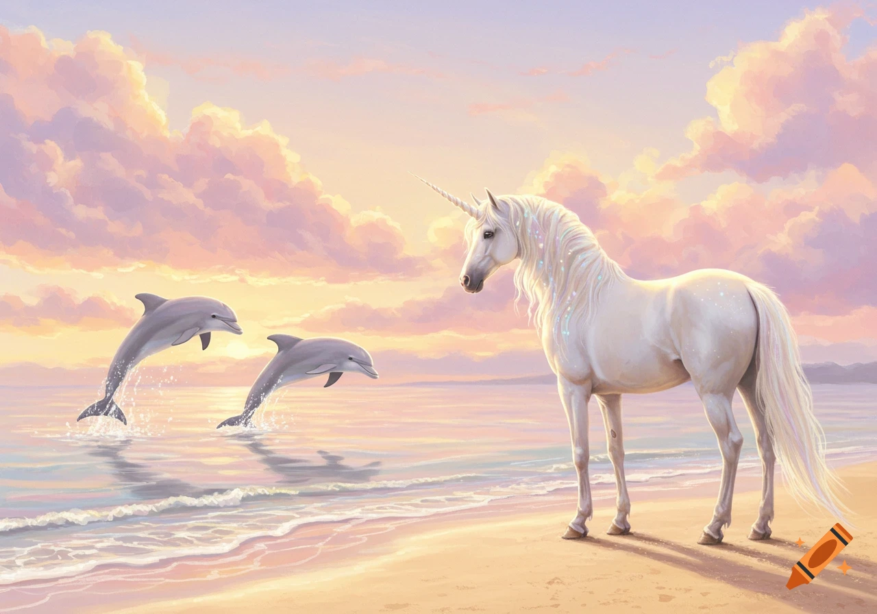 A white unicorn stands on a sandy beach at sunset, watching two dolphins leap from the ocean. Dreamy painting.
