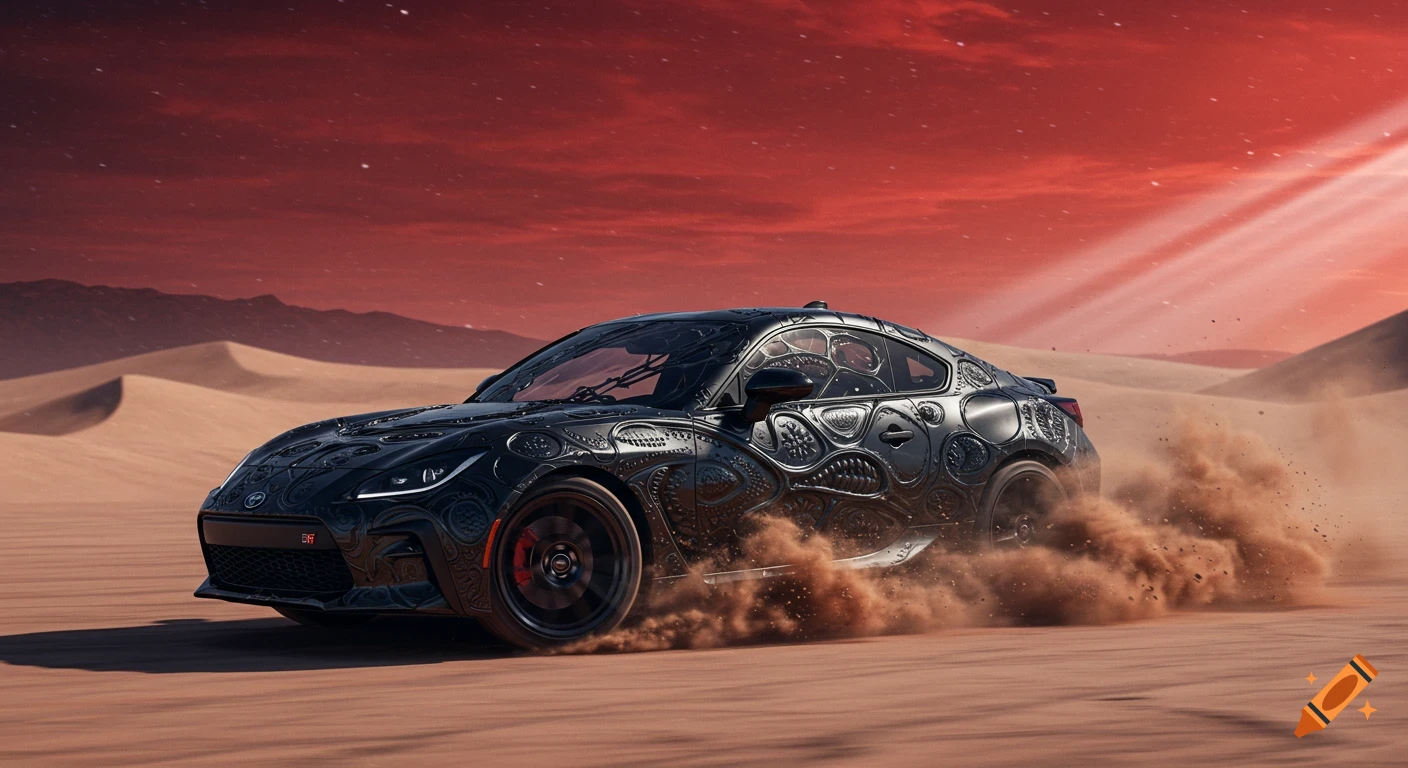 Black H.R. Giger-inspired biomechanical car drifting in a red-skied desert, kicking up sand.
