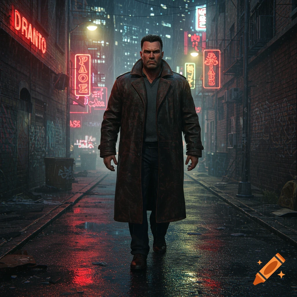 A man in a brown trench coat stands in a dark, rainy city alley illuminated by neon signs, with reflections on the wet ground. Photorealistic style.