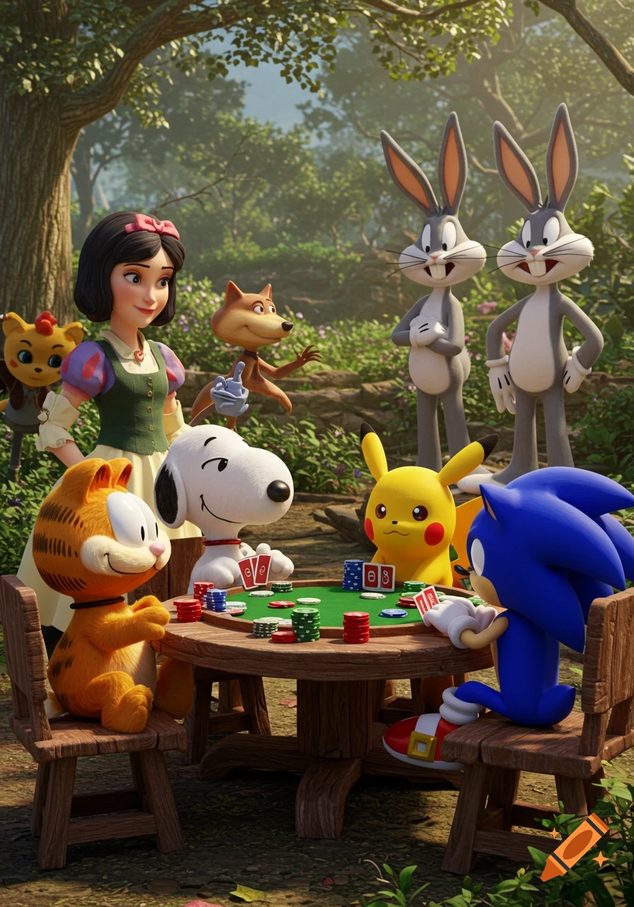 A whimsical scene with Snow White, two Bugs Bunnies, a fox, a teddy bear, Garfield, Snoopy, Pikachu, and Sonic the Hedgehog playing poker in a lush, green forest.
