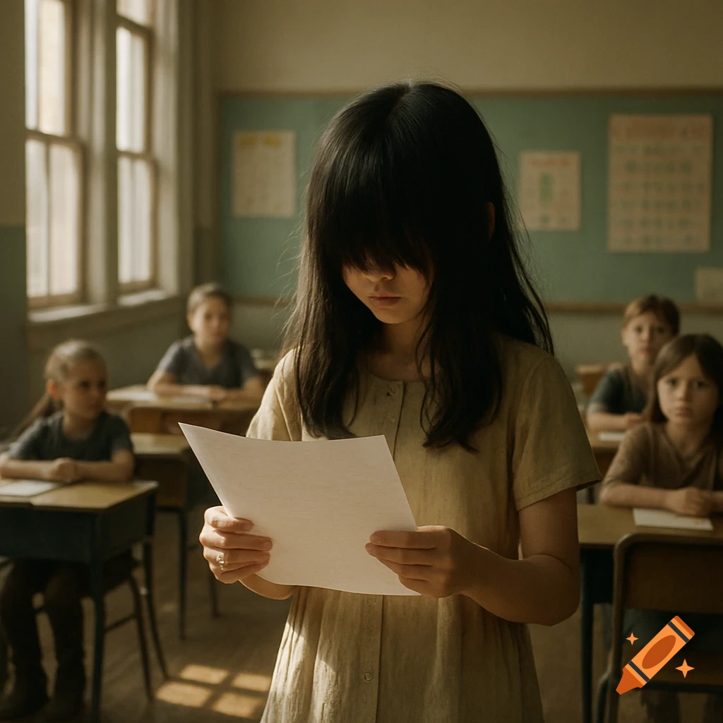 A girl with long dark hair covering her face reads a paper while standing in a classroom with other children sitting at desks.