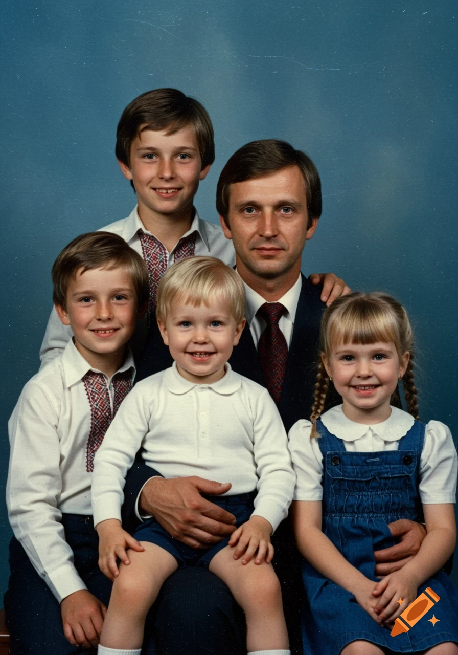 A vintage family portrait of a father and four children, all smiling, against a blue background.