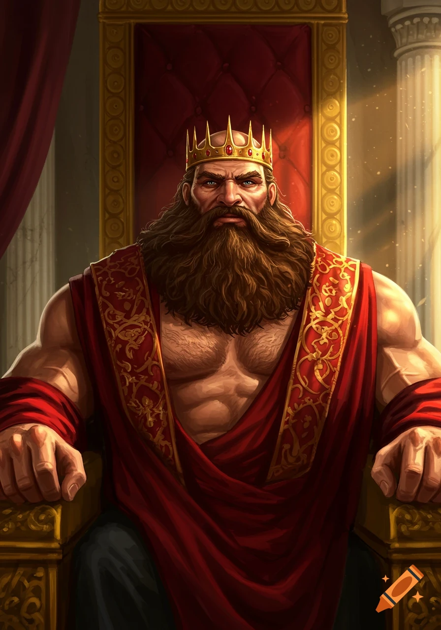A powerful, muscular king with a full beard and golden crown sits on a regal red and gold throne.