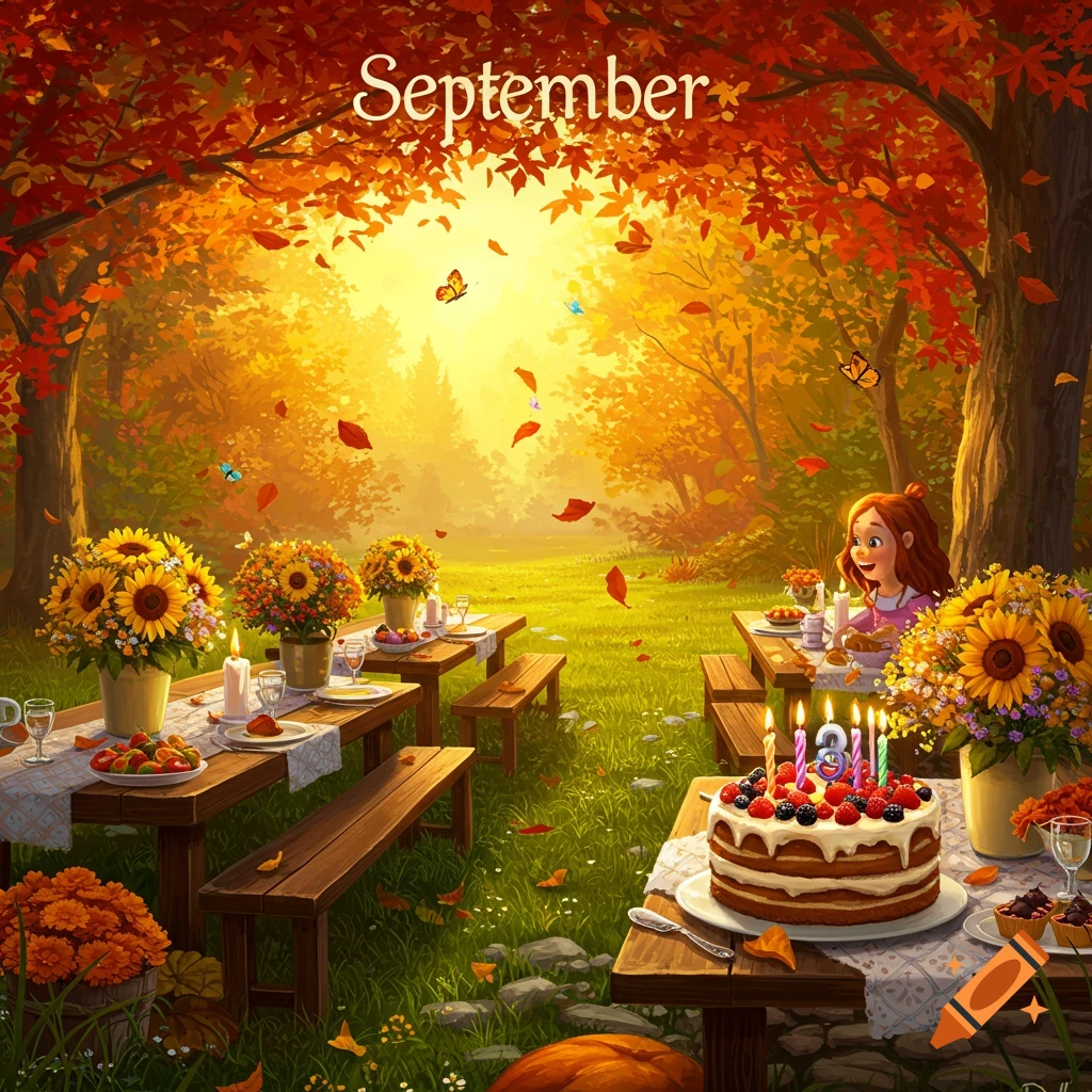 Illustrated autumn picnic in a sunlit forest clearing with golden leaves, a birthday cake, and a smiling girl. Text: September.