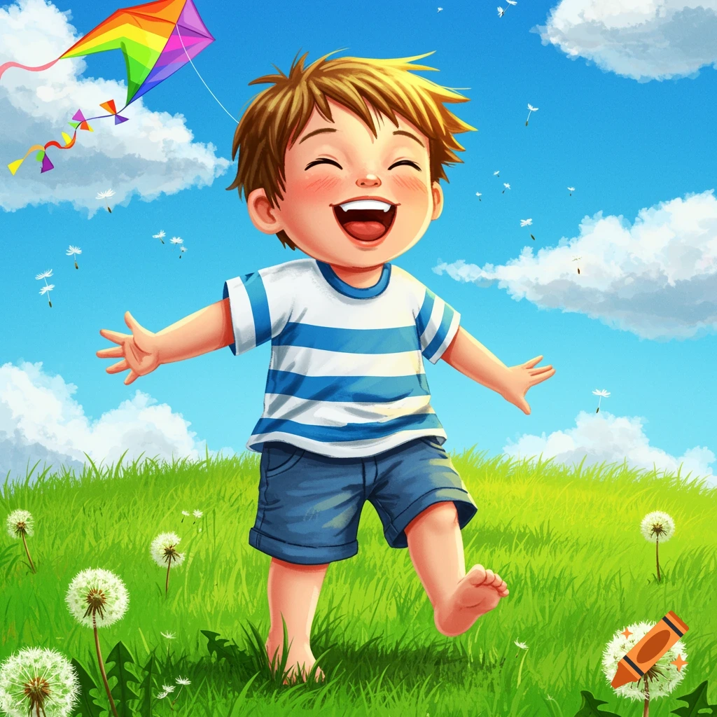 A happy cartoon boy with brown hair in a striped shirt and shorts laughs joyfully in a sunny green field with dandelions and a rainbow kite flying.