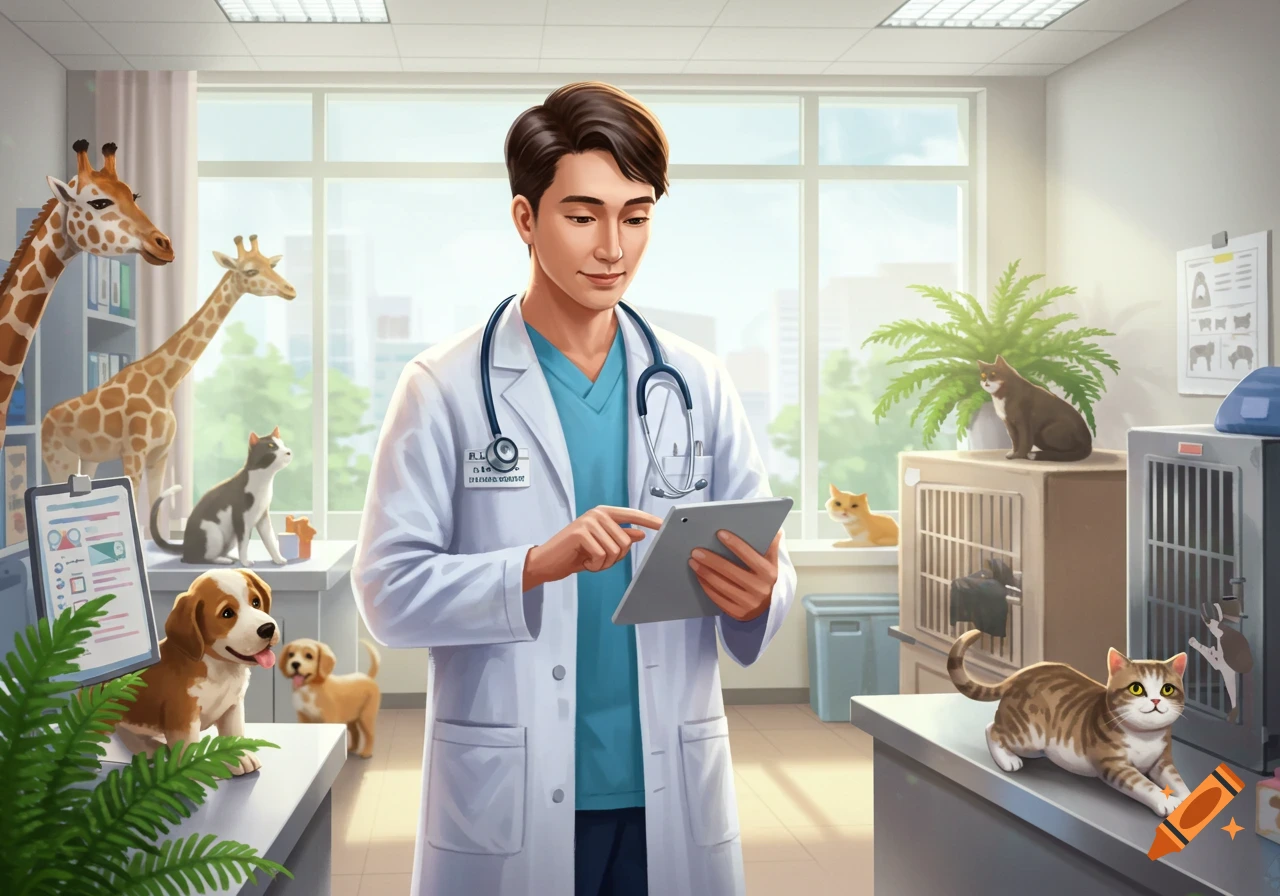 A detailed illustration of a male veterinarian looking at a tablet in a busy clinic with cats, dogs, and two giraffes in the background.
