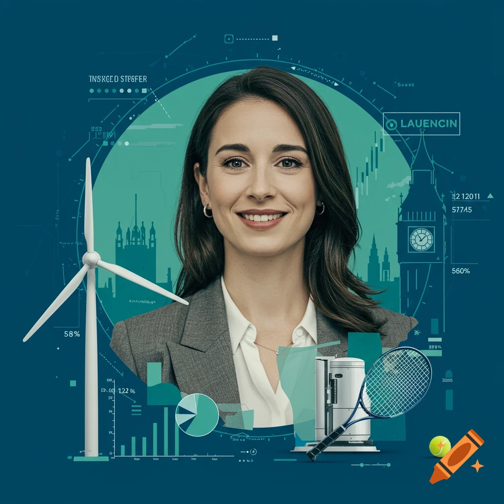 Professional portrait of a smiling woman in a business jacket against a background of green and blue graphs, charts, a wind turbine, and London landmarks.