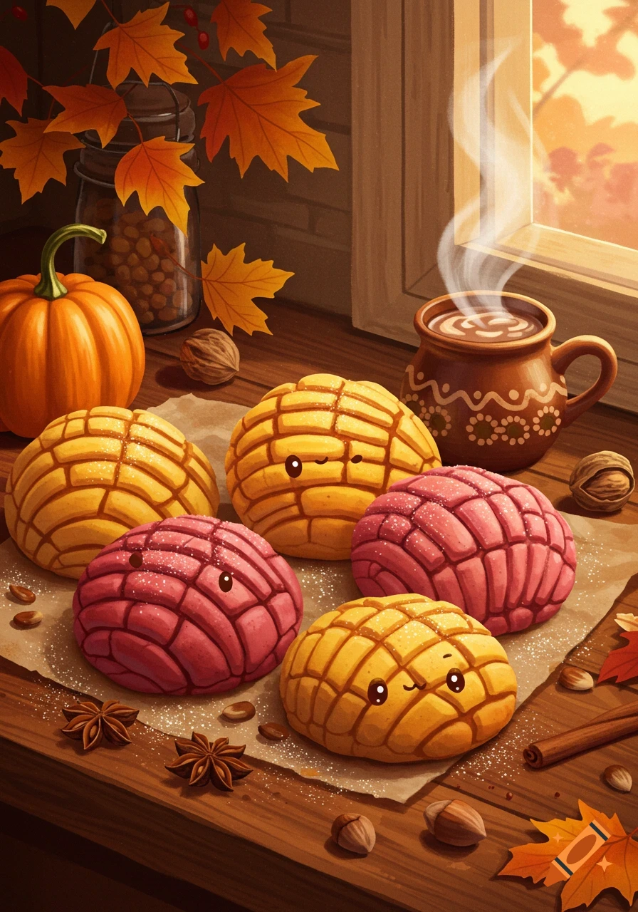 Cute yellow and pink conchas with faces on a wooden table with fall leaves, a pumpkin, and a steaming mug.