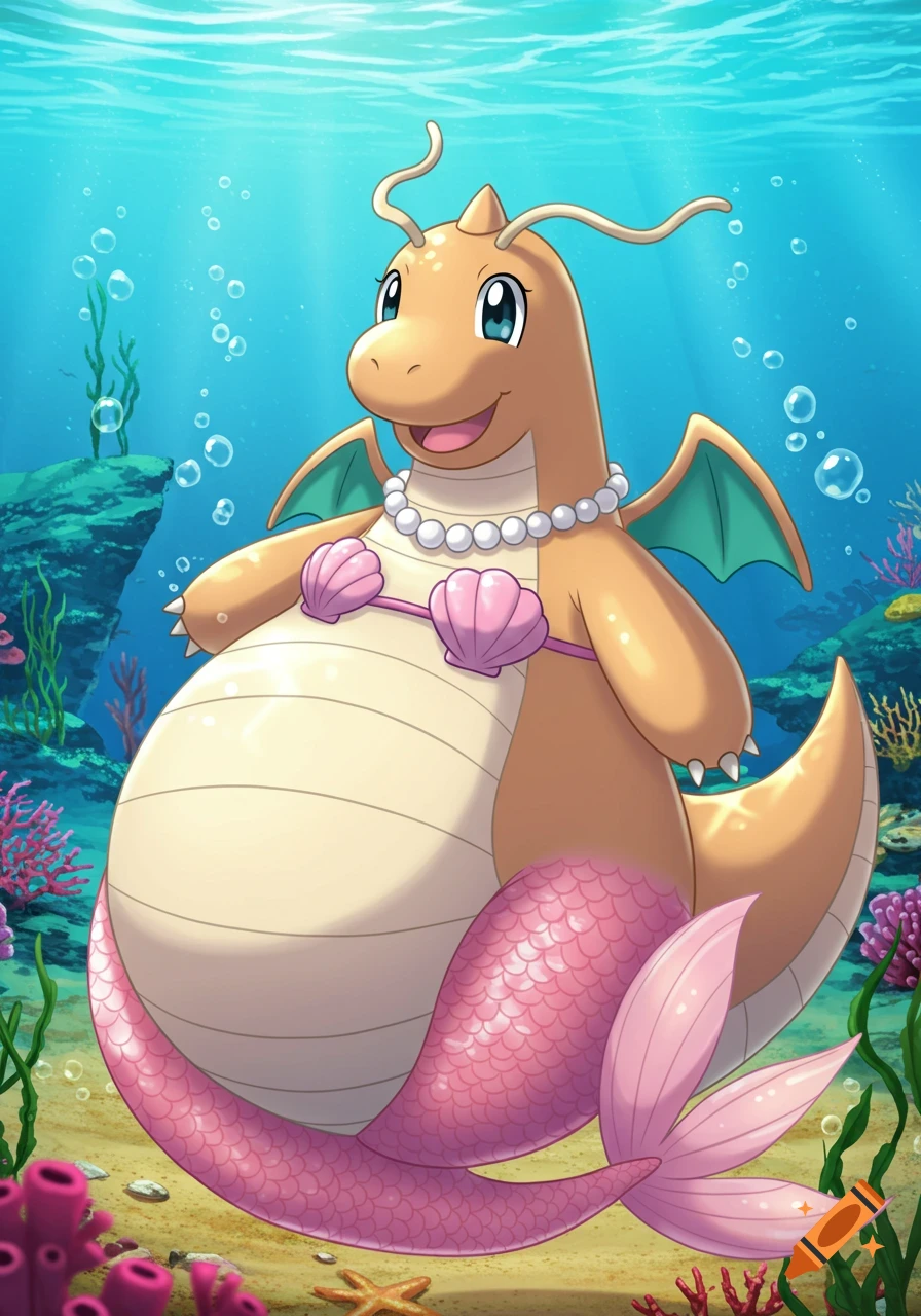 Anime-style Dragonite wearing a pink mermaid tail, pink seashell bra, and pearl necklace, smiling underwater among coral.