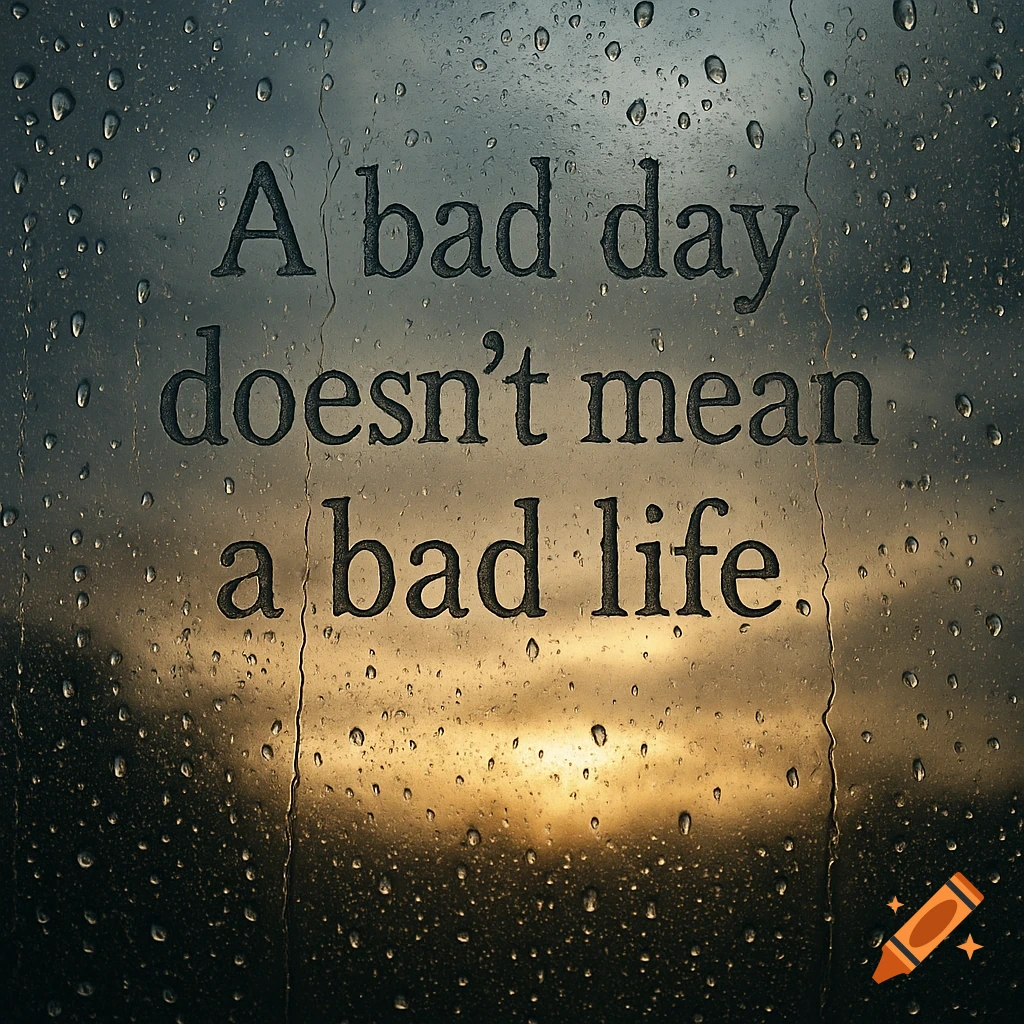 A rainy window with the quote 'A bad day doesn't mean a bad life' formed by raindrops, with a sunrise in the background.