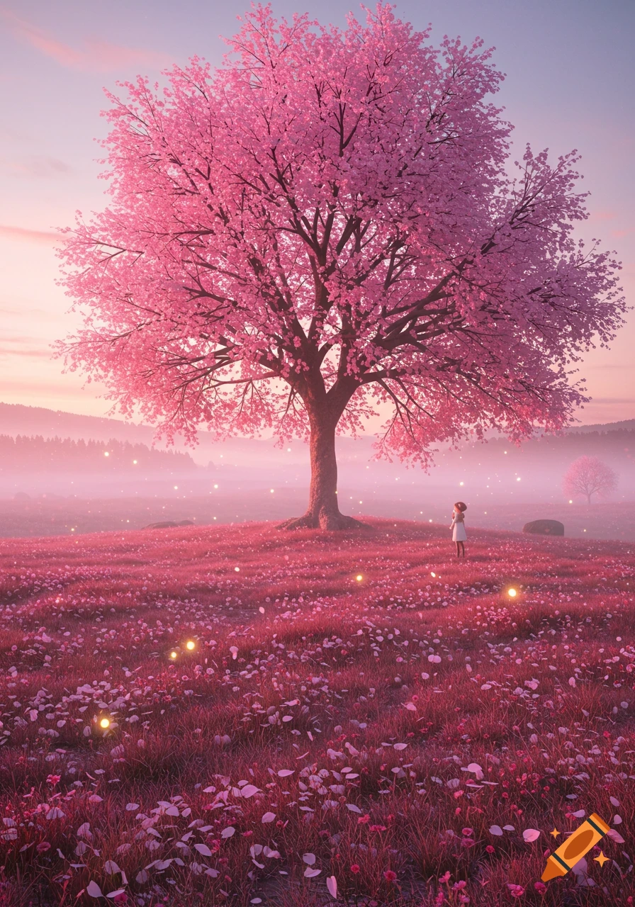 A vibrant pink cherry blossom tree dominates a field of glowing pink flowers under a soft twilight sky, with a small person.