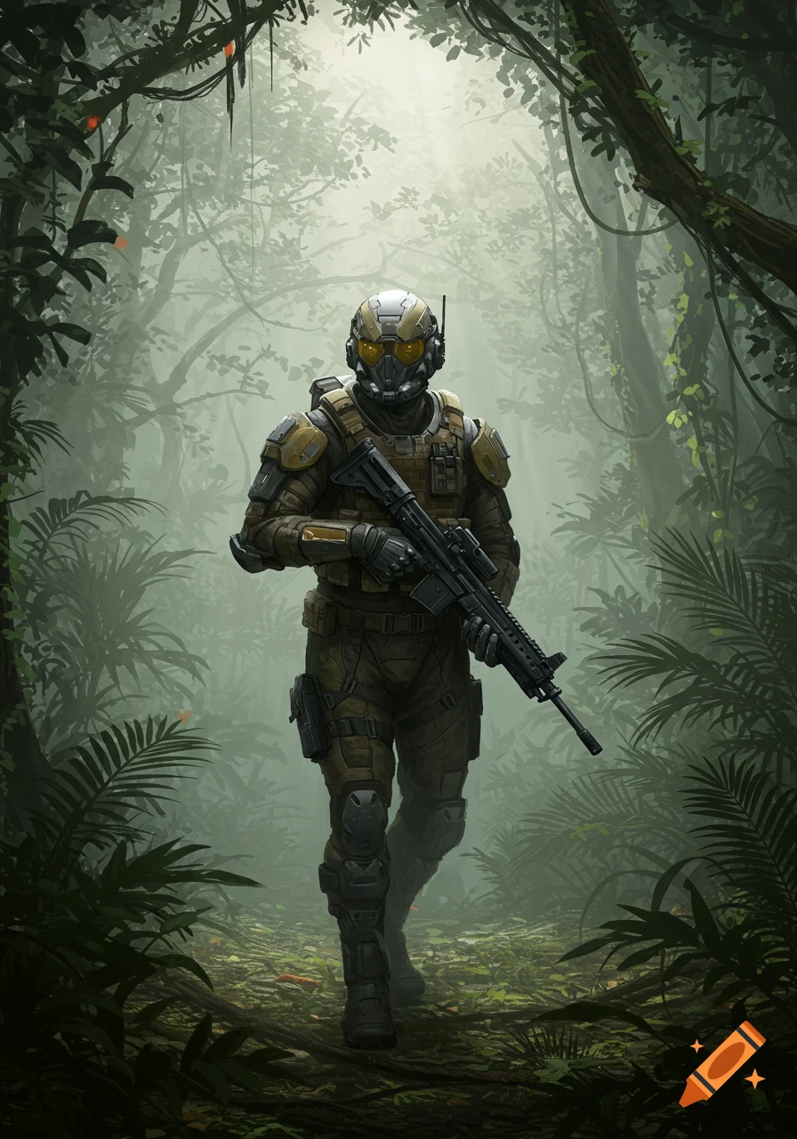 A futuristic soldier in full armor with a rifle walks through a misty, dense jungle.