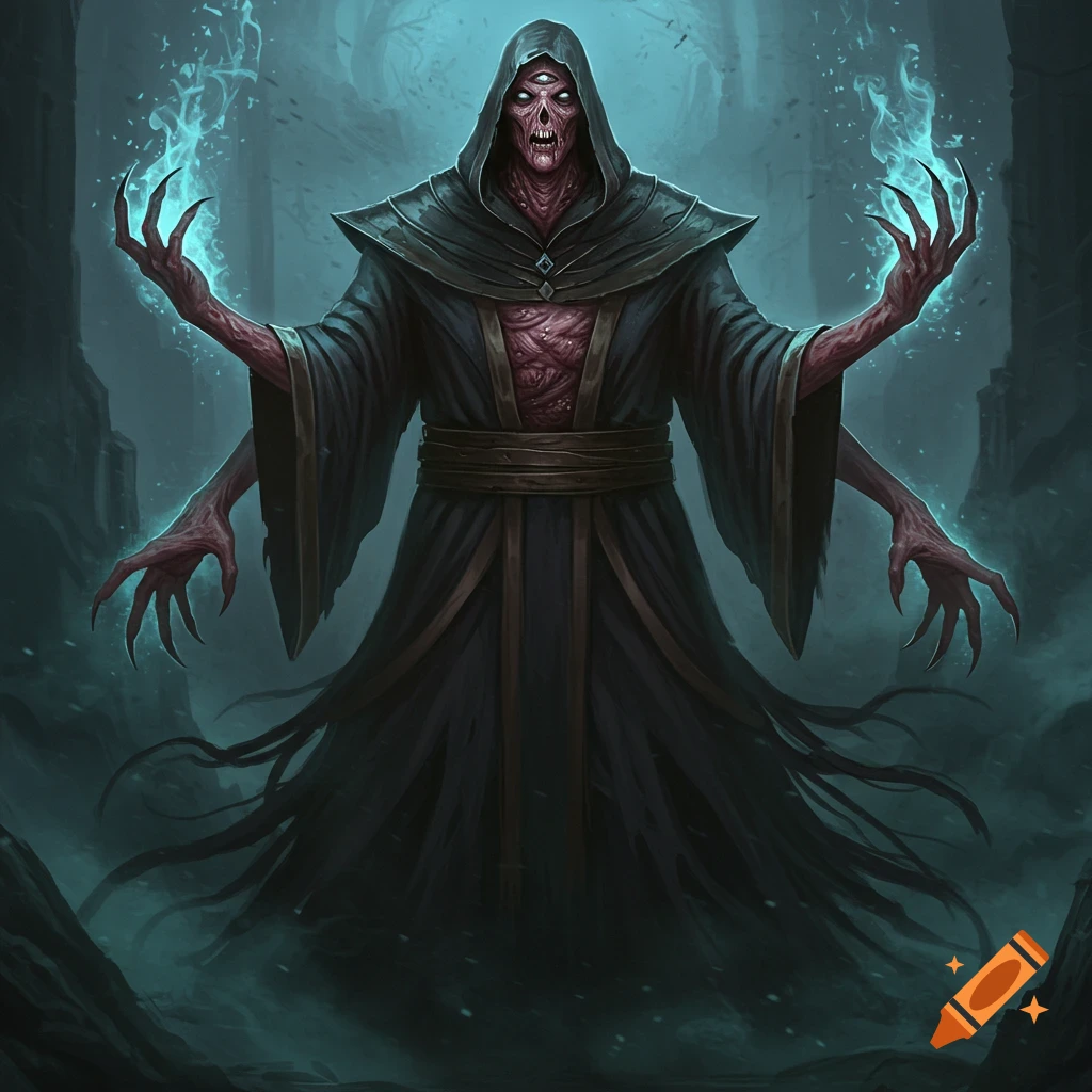 A hooded, three-eyed monstrous wizard with multiple clawed arms, holding blue flames, in a dark, misty fantasy setting.
