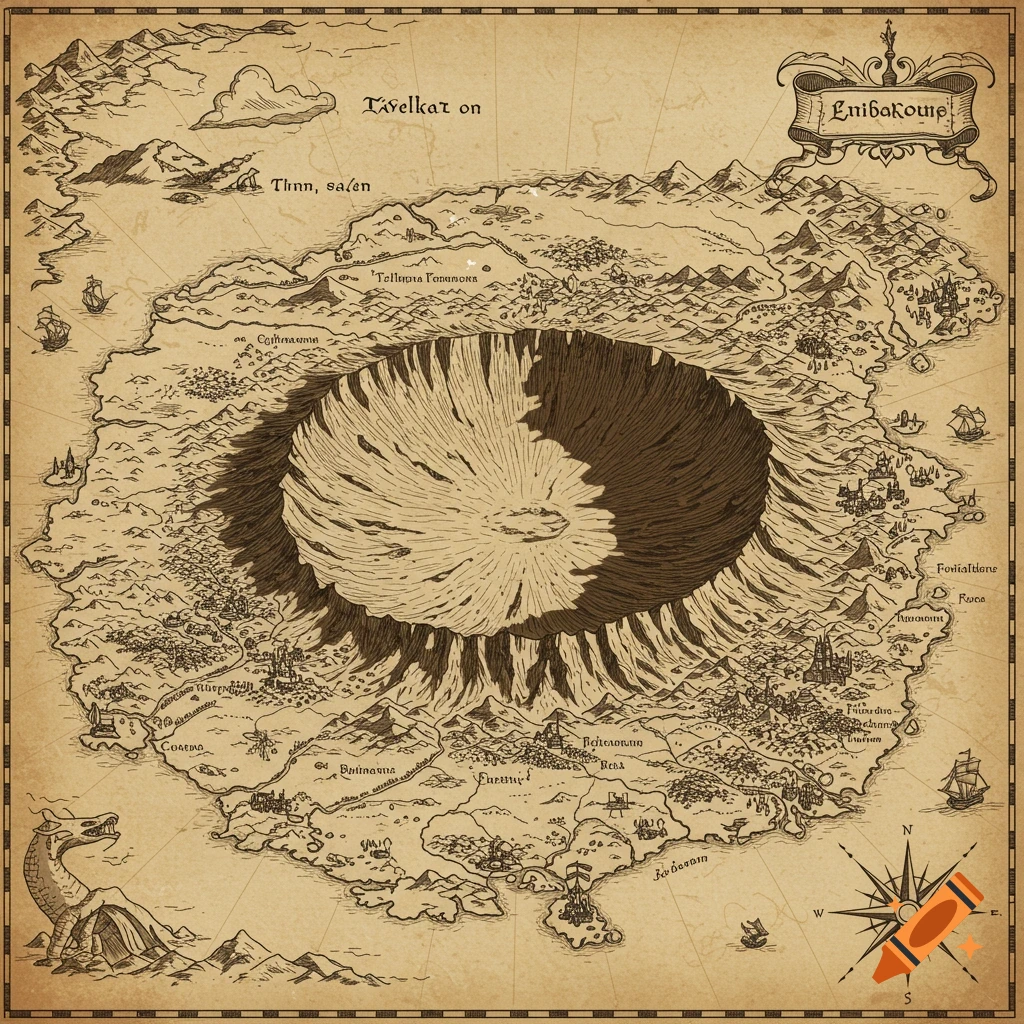 A detailed vintage parchment fantasy map with a large central crater, mountains, various settlements, ships, a dragon, and a compass.
