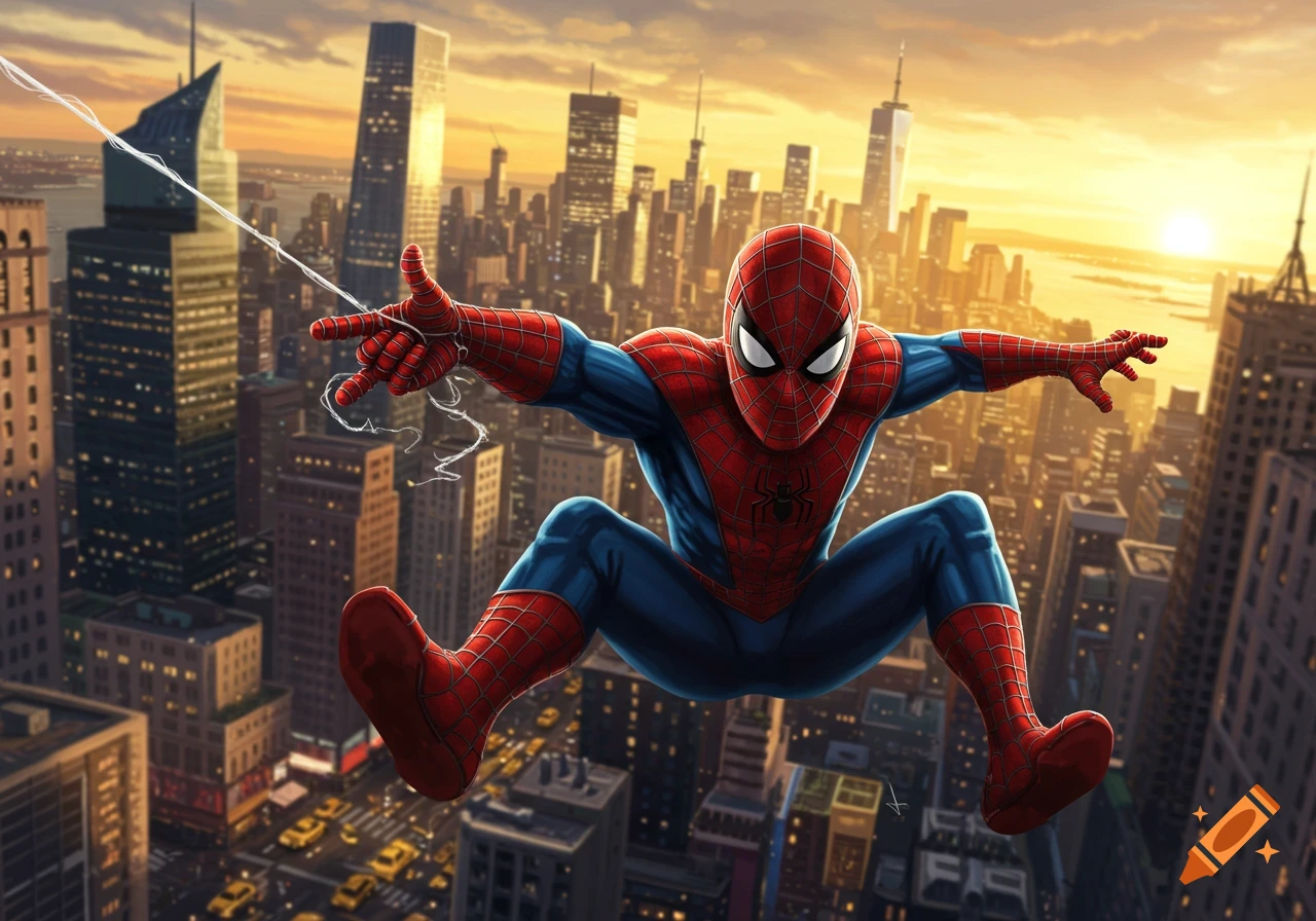Spider-Man swings through a bustling New York City skyline at sunset, with buildings silhouetted against an orange sky.