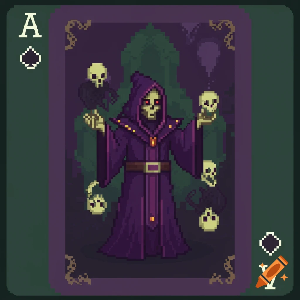 A pixelated playing card depicting an Ace of Spades. A robed necromancer with glowing red eyes holds two skulls, surrounded by floating skulls against a dark, haunted background.