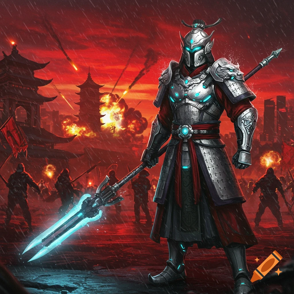 A futuristic warrior in detailed sci-fi Song Dynasty armor stands in a burning, rainy city, holding a glowing spear.