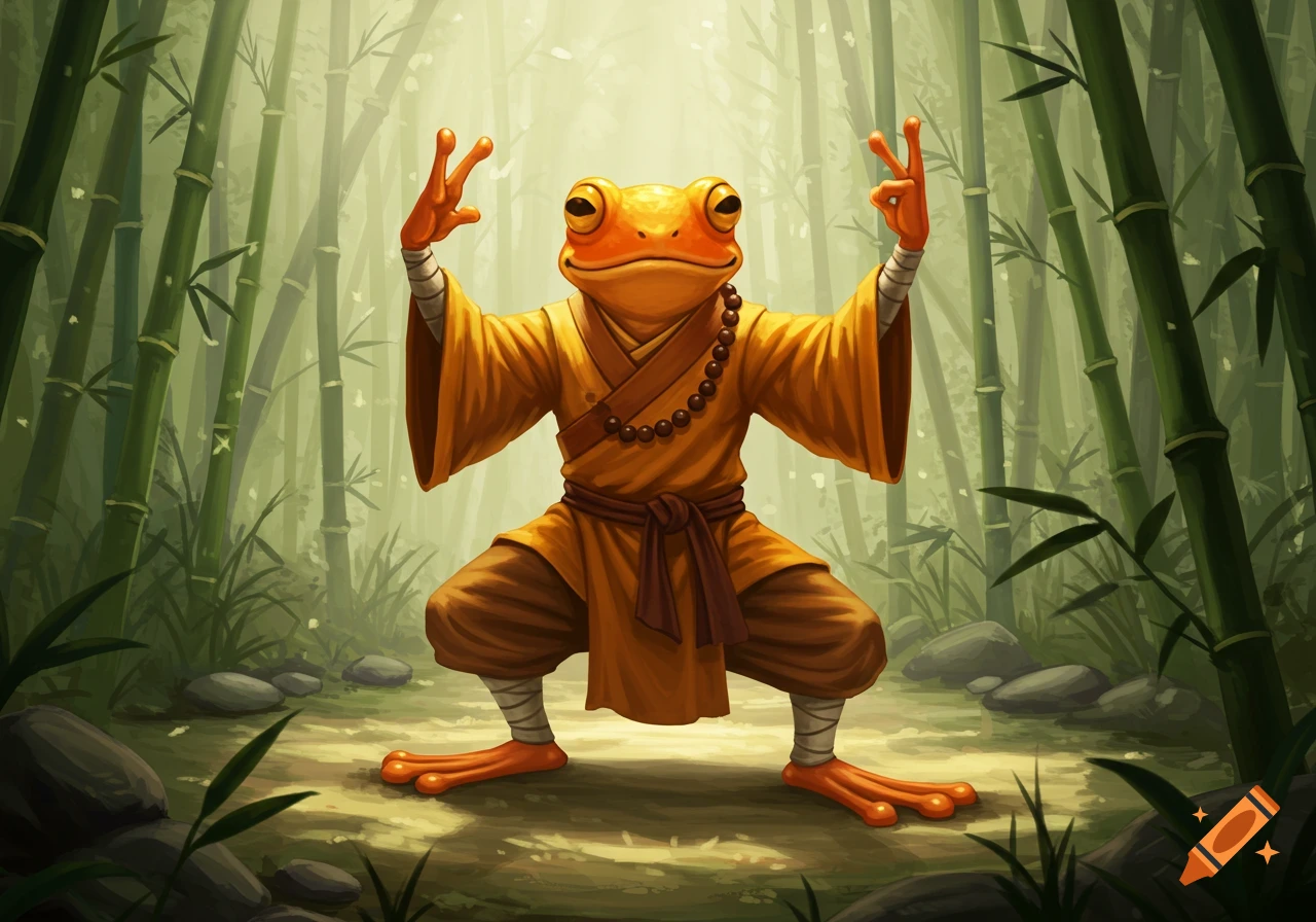 A cartoon orange frog monk in yellow robes practices martial arts in a lush bamboo forest.