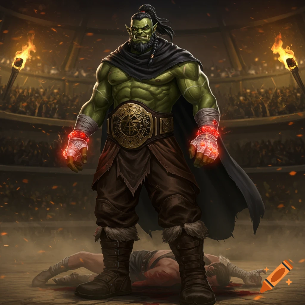 Muscular green orc brawler with a champion belt stands triumphantly over a defeated opponent in a fantasy arena, digital illustration.