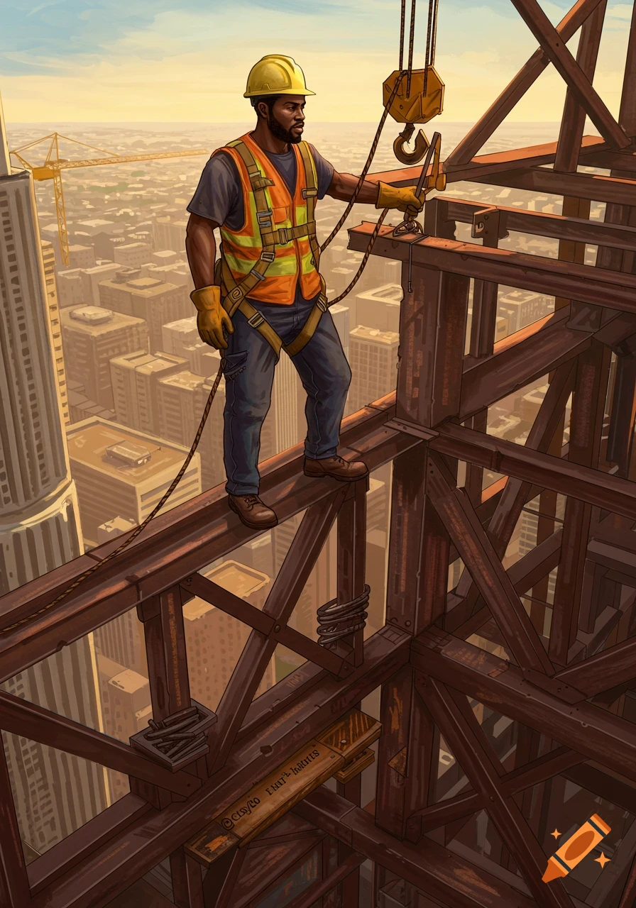 An illustrated Black construction worker in a hard hat and harness stands on a high steel beam, overlooking a city.
