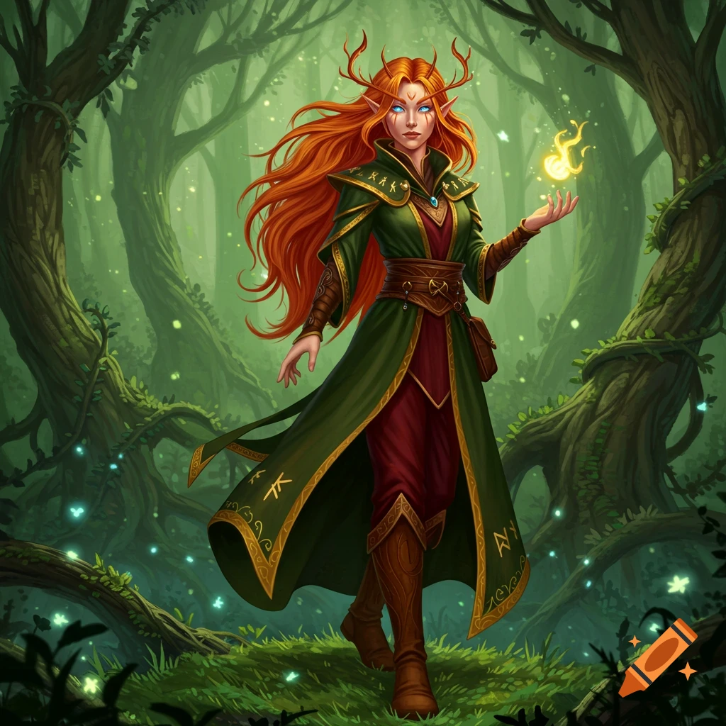 A red-haired wood elf with blue eyes, wearing green and maroon cleric robes with golden trim, stands in a magical forest, holding glowing fire in her hand. Stylized illustration.