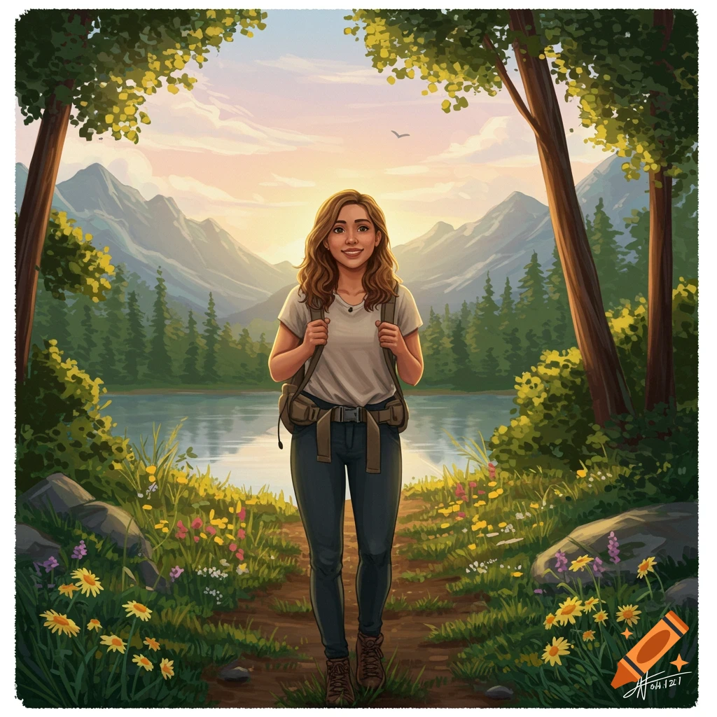 Illustration of a smiling woman hiking on a forest path with a backpack, surrounded by flowers, a lake, and mountains at sunrise.