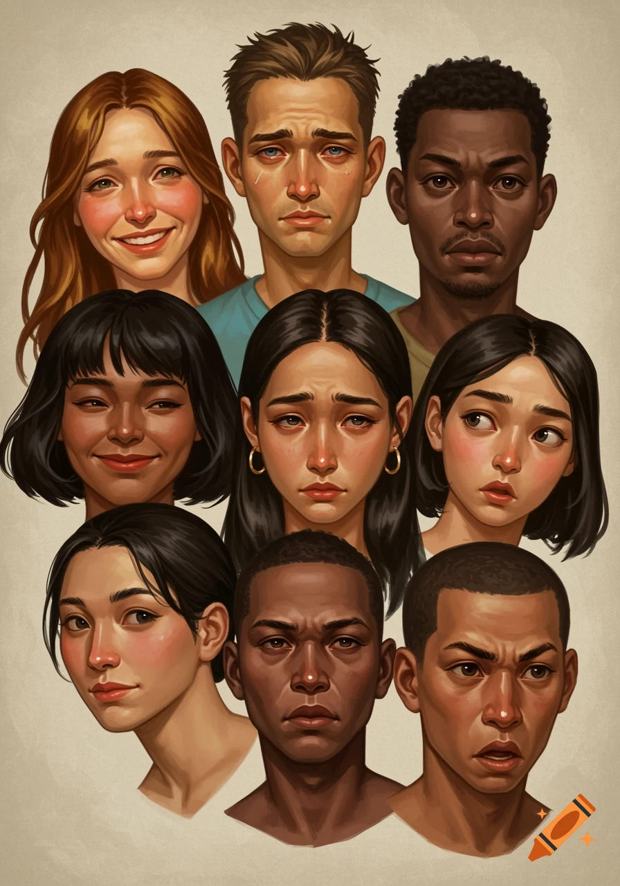 A collage of eight illustrated portraits of diverse people, each expressing a different emotion like happiness, sadness, anger, and surprise.