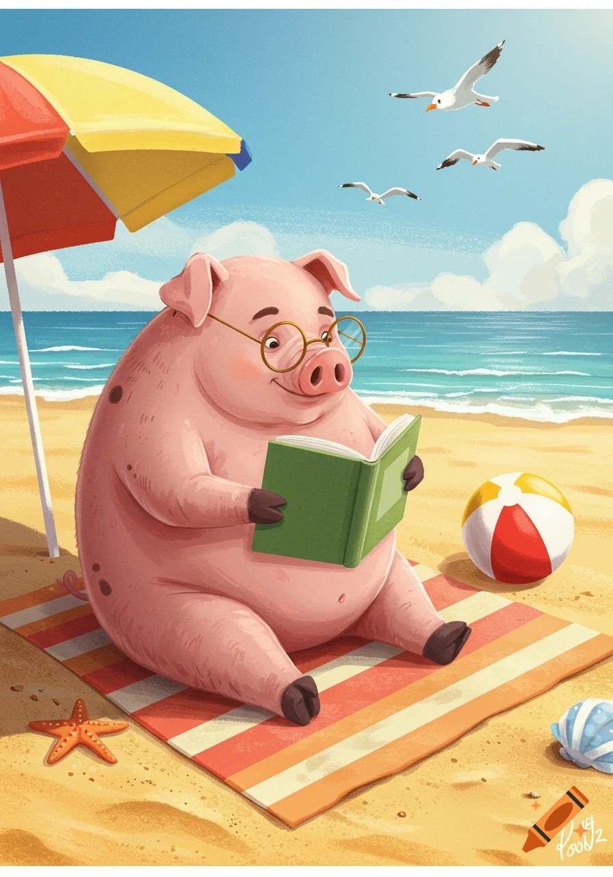 A cute pig in glasses sits on a striped beach towel under an umbrella, reading a book by the ocean, with seagulls flying. Illustration.