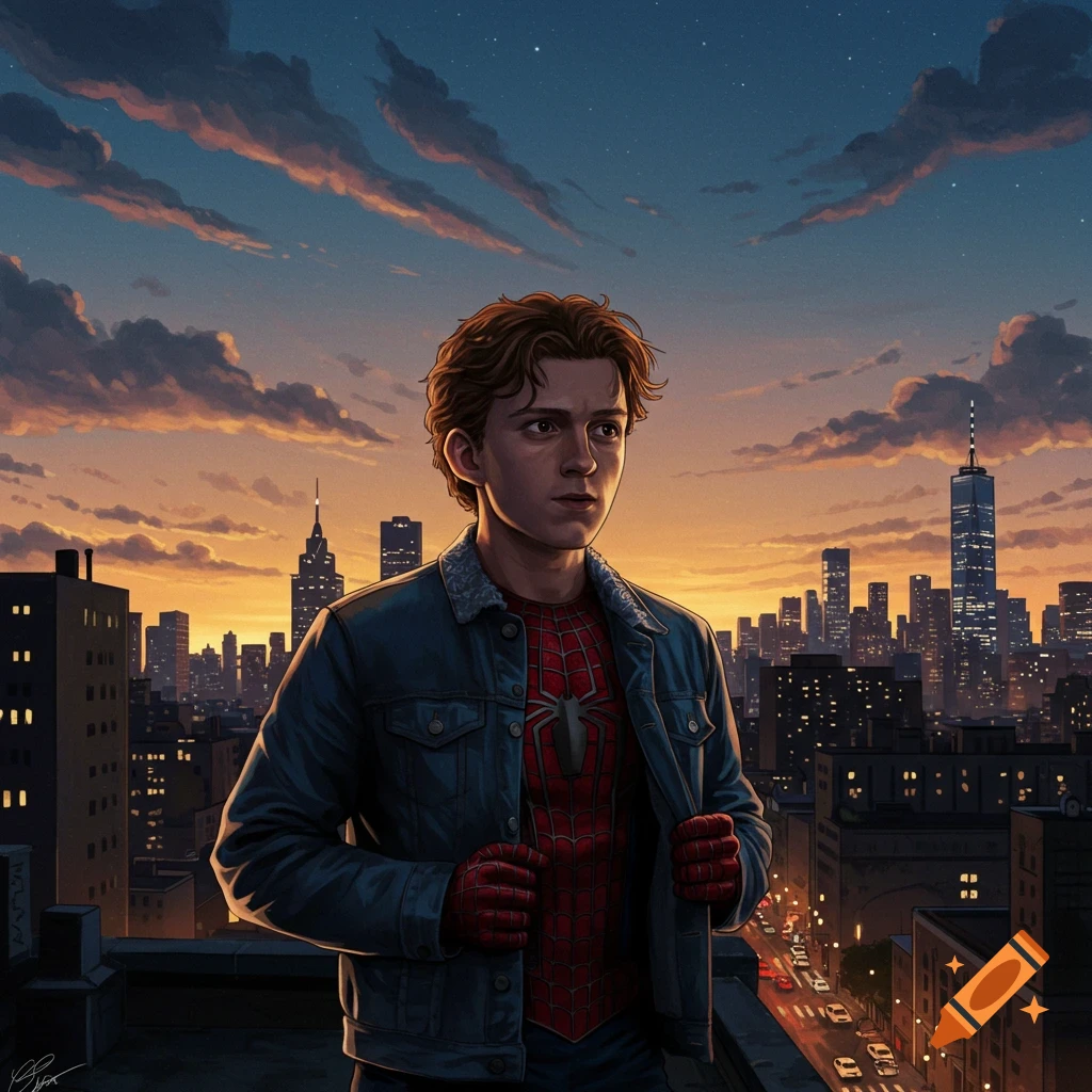 Comic illustration of Peter Parker in his Spider-Man suit and jacket standing on a city rooftop at sunset, looking out at the skyline.