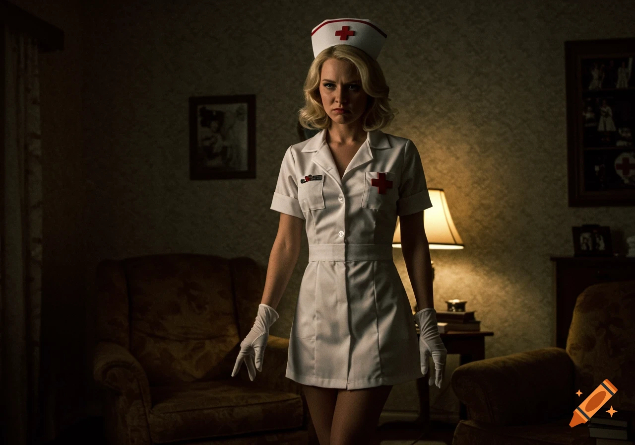 A blonde woman in a white nurse costume, complete with cap and gloves, looks annoyed in a dimly lit living room.