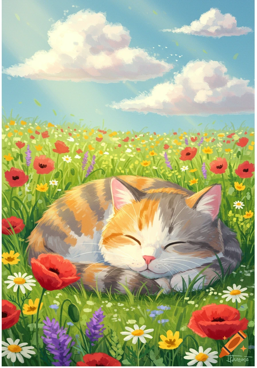 A stylized illustration of a calico cat napping peacefully in a vibrant meadow of red, white, and purple flowers under a sunny blue sky.
