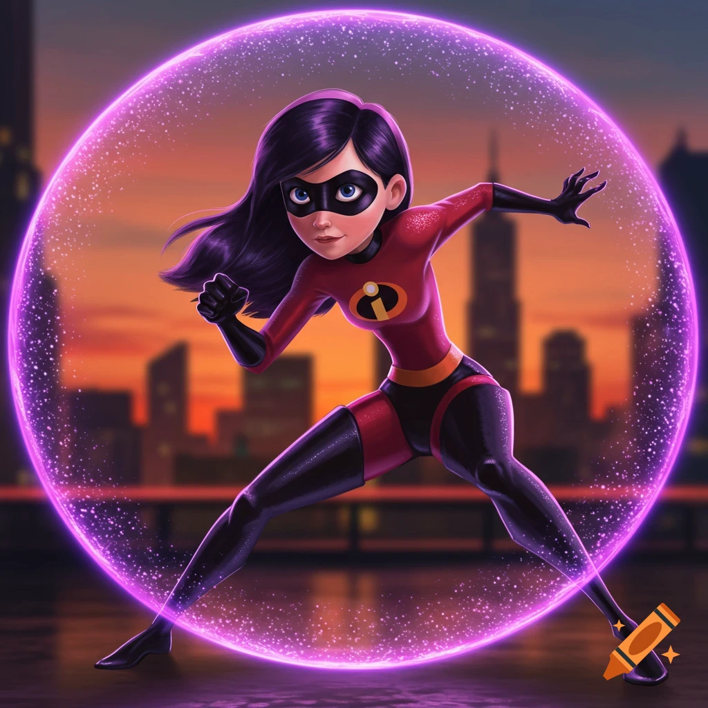 Violet Parr in her red and black superhero suit, surrounded by a glowing purple force field, with a city skyline at sunset.