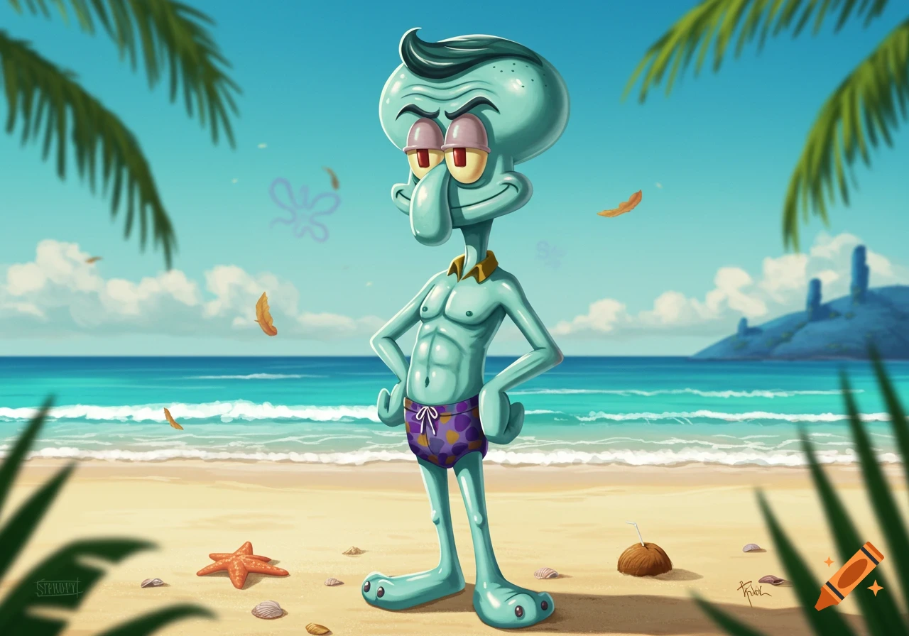 Handsome Squidward standing confidently on a tropical beach with palm trees, ocean, sand, starfish, and a coconut drink in a vibrant cartoon style.