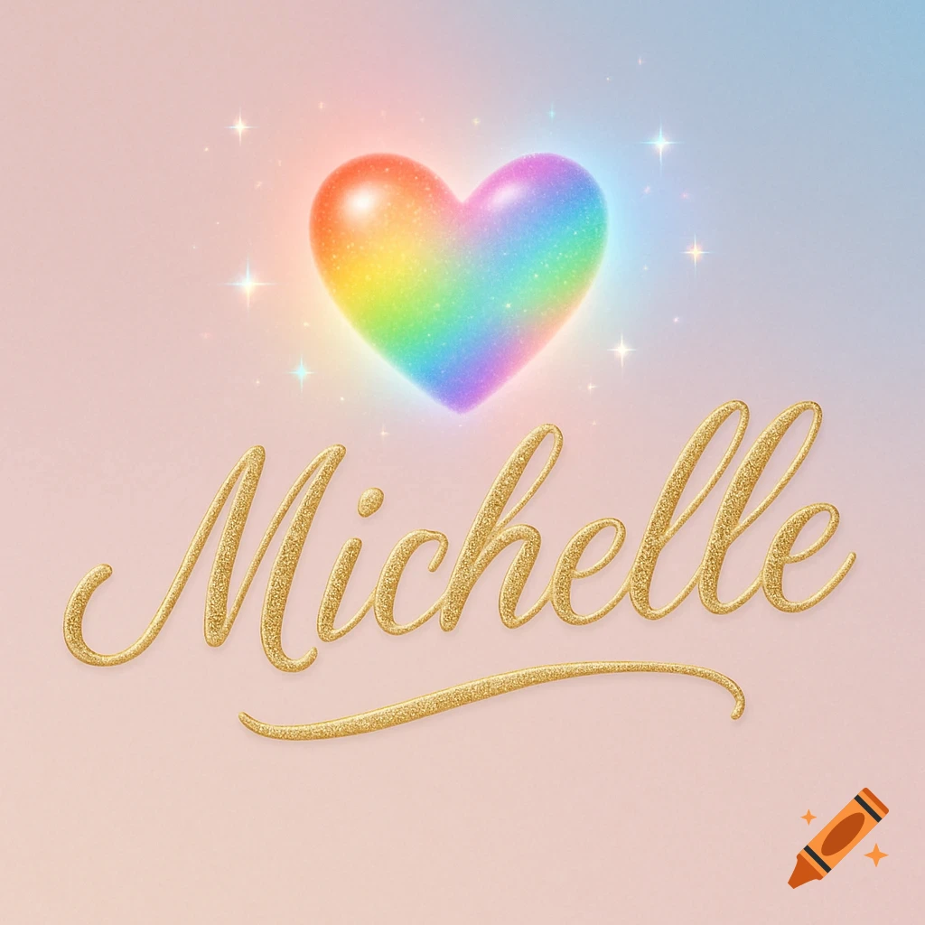 Glittering gold cursive text spells 'Michelle' beneath a sparkling rainbow heart on a pastel background.