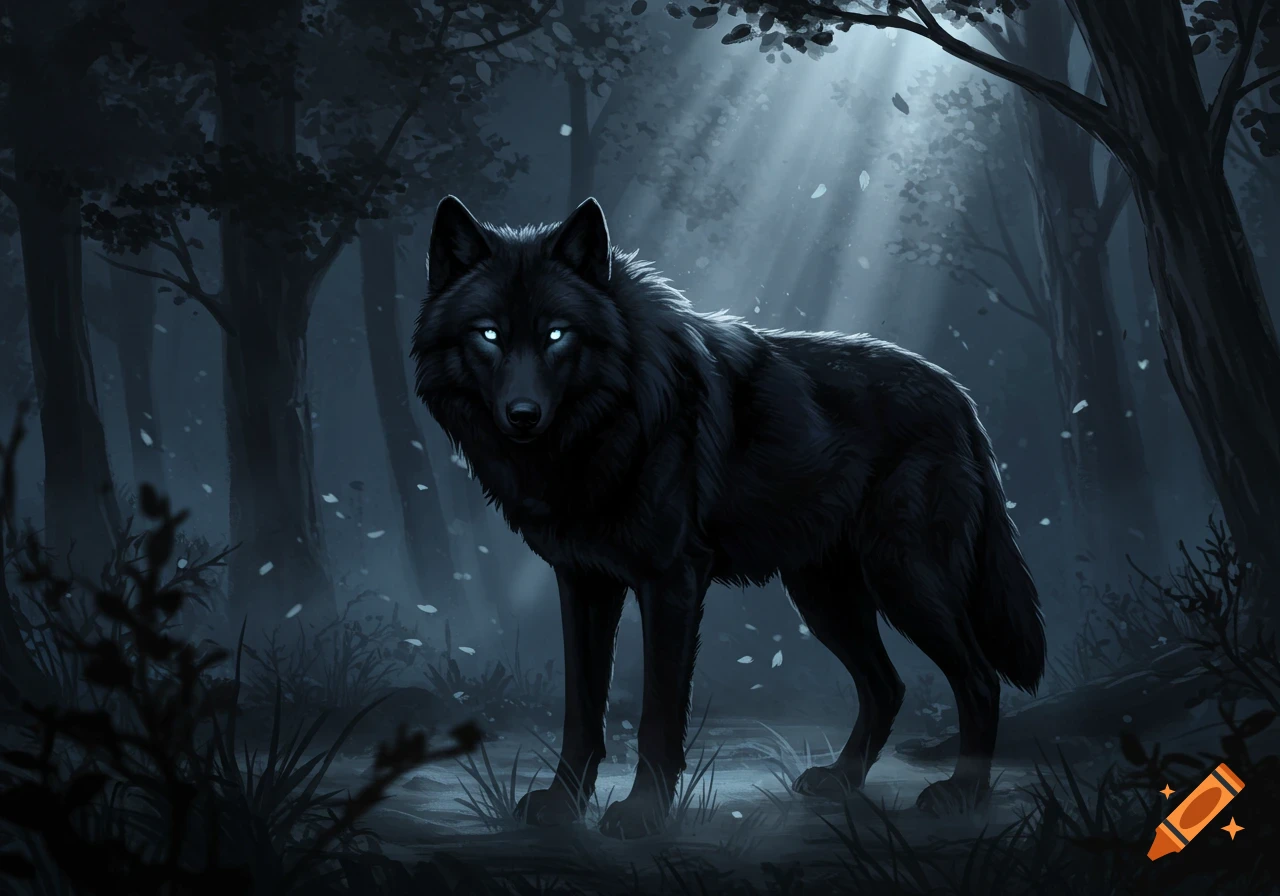 A black wolf with glowing blue eyes stands in a dark, moonlit forest, depicted in a fantasy art style.