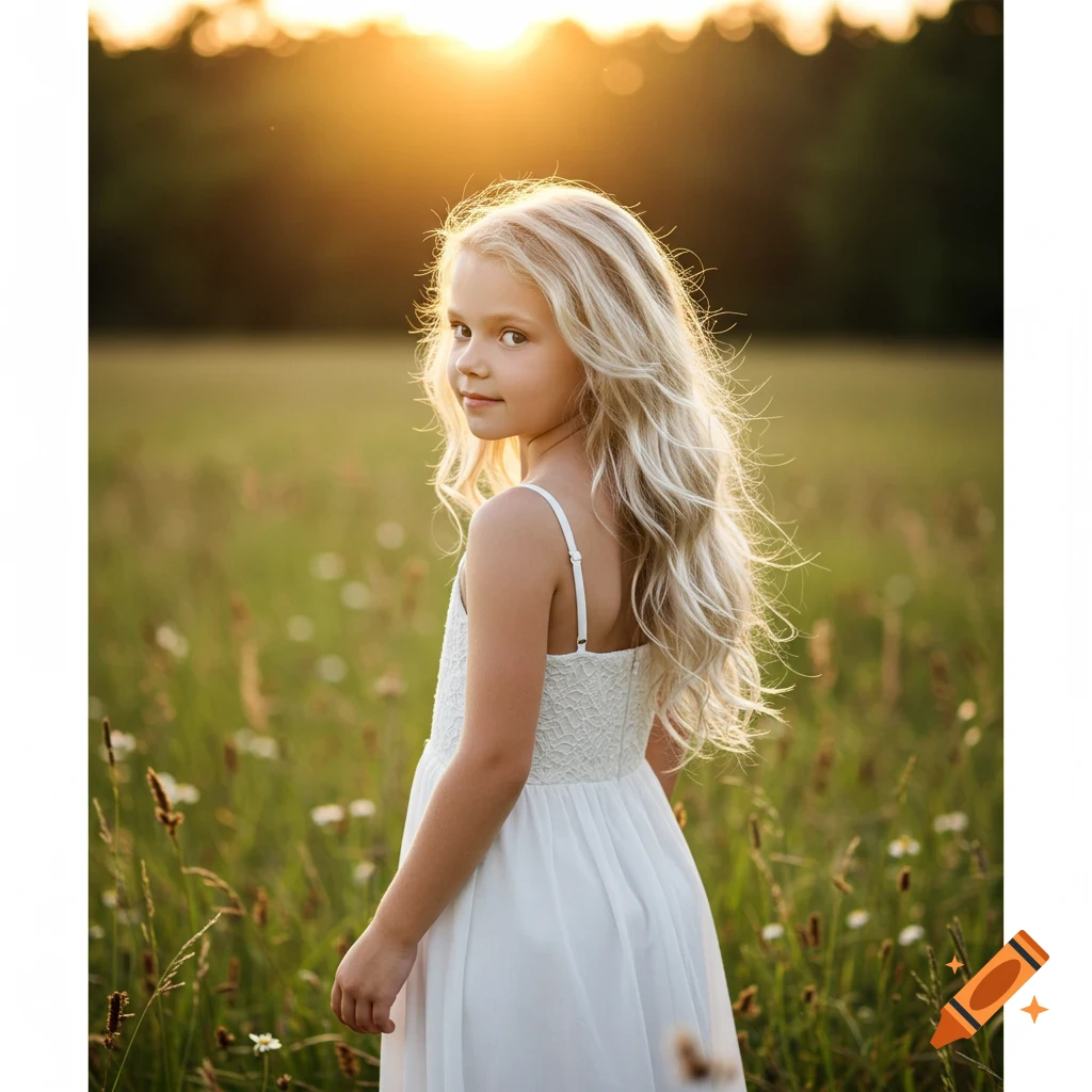 A young girl with long blonde wavy hair, wearing a white strap dress, stands in a field during sunset, looking back at the viewer.