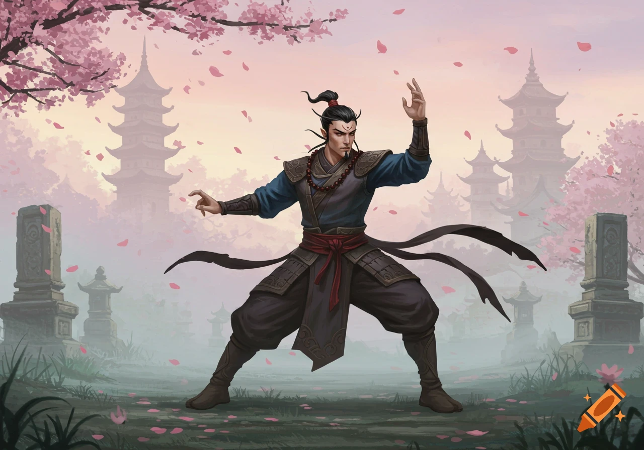 An Asian male warrior in traditional attire with a topknot practices martial arts in a misty cherry blossom garden with pagodas.