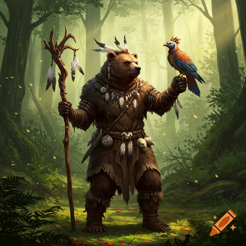 A bear shaman with a decorated staff and a colorful bird on its hand stands in a lush, sunlit forest.