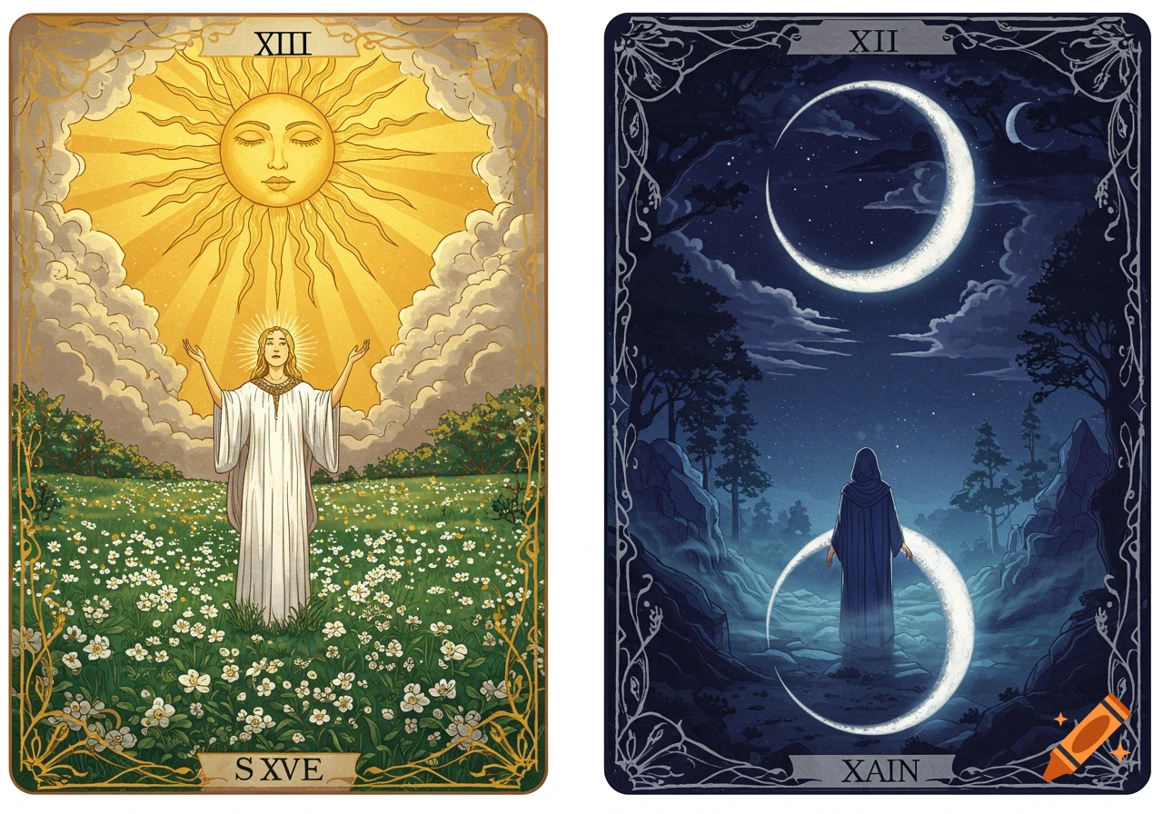 Two mystical tarot cards. One shows a figure in a field under a radiant sun, the other a hooded figure in a dark forest under a crescent moon.